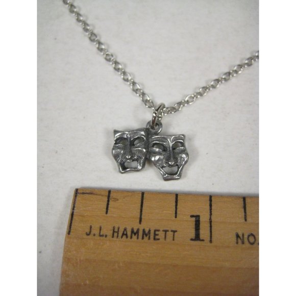 Comedy Drama Mask Pendant Theatre Silvertone Chain Necklace 16 Inch Choker - Picture 2 of 8